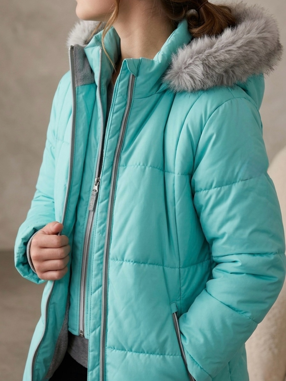 Gerry Weber Girls' Aqua Blue Puffer Jacket with Faux Fur Hood